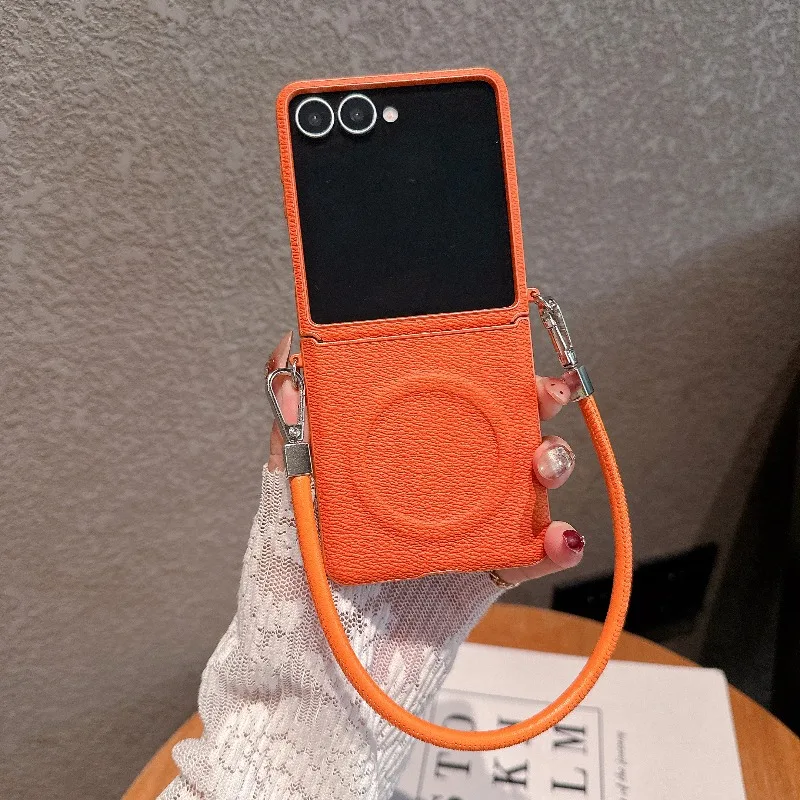 Magnetic Leather Wrist Strap Case with Magsafe Wireless Charging and Lanyard