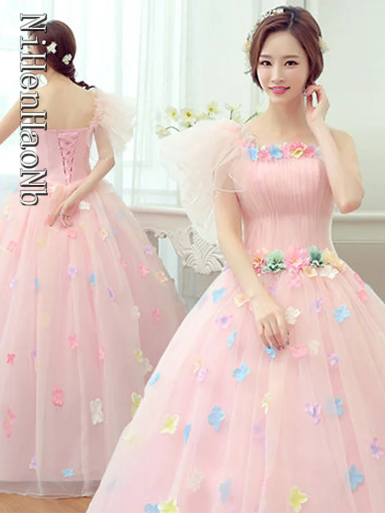 

Pink Strapless Quinceanera Dresses 3D Flower Floor-Length Vestidos Sweet 16 years Lace up back Party Prom Summer Ball Gown