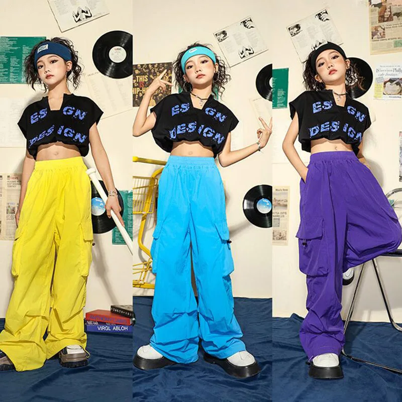 

Girls Hip Hop Crop Tank Tops Cargo Pants Children Joggers Streetwear Clothes Sets Kids Cool Kpop Dancewear Jazz Show Costumes