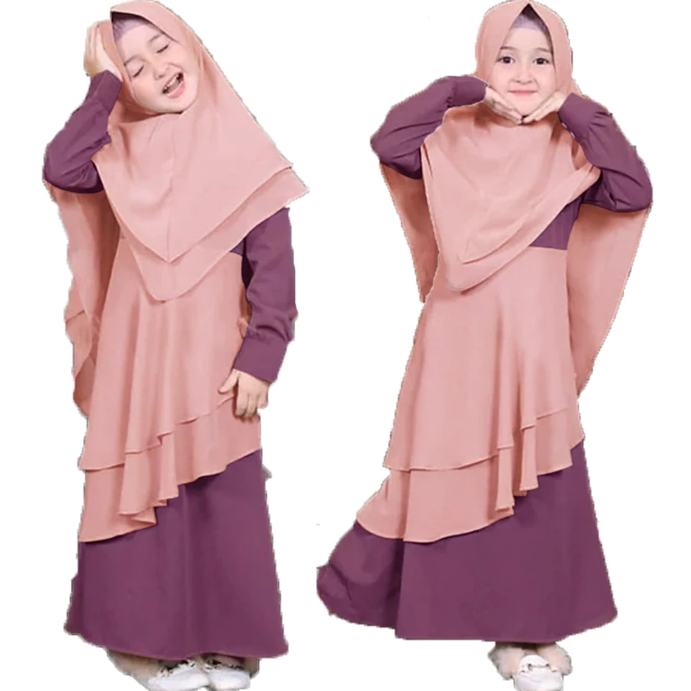 

2Pcs Kids Girls Muslim Hijab Abaya Khimar Long Maxi Dresses Set Turkey Arab Robe Islamic Party Dubai Eid Ramadan Prayer Clothing