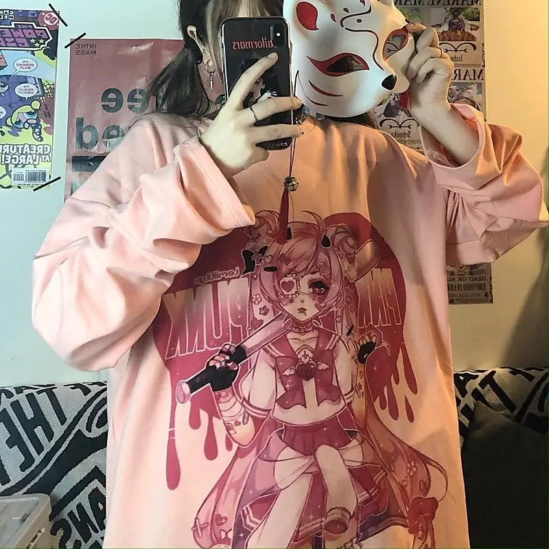

Gothic Girl Anime T-Shirt Japanese Kawaii Female Round Neck Long Sleeve Summer Loose Y2K Streetwear Ins Fashion Woman Tops
