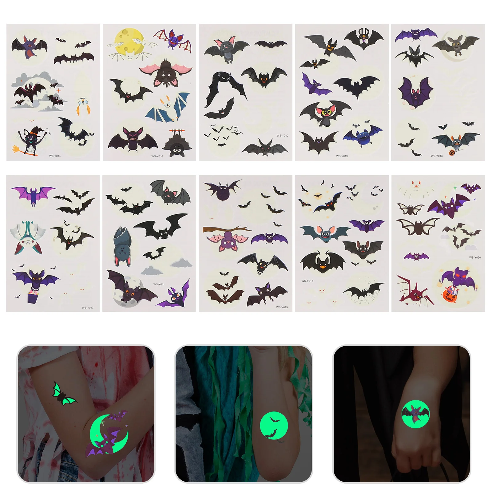 

10 Sheets Halloween Tattoo Stickers Temporary Tattoos Body Decal The Face Luminous Water Transfer Printing Bat Child