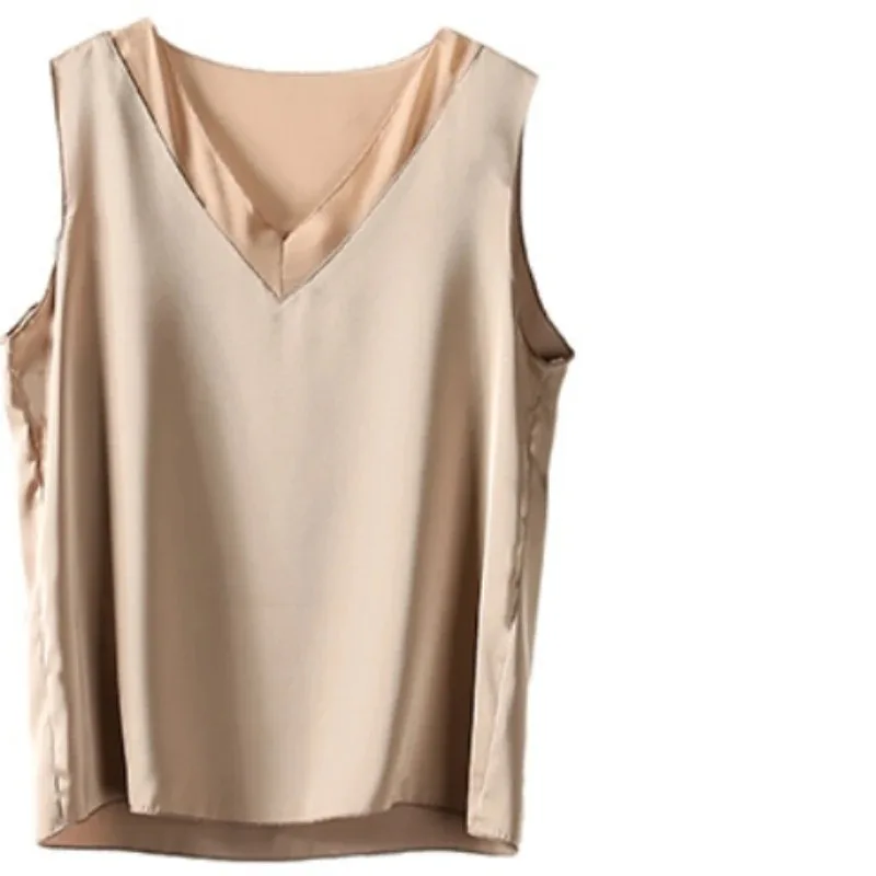 Summer Fashion Women's V-neck Satin Ice Silk Shirt Vest Elegant Retro Commuting Chiffon Sleeveless Top 13573