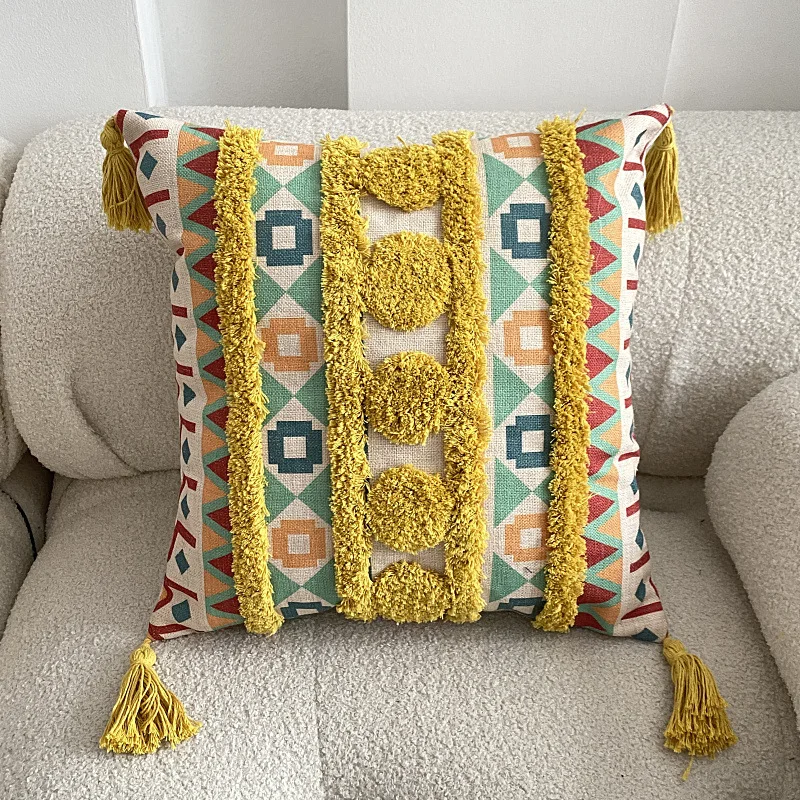 Foindtower Gorgeous Half Moon Accent Boho Tufted Decorative Throw Pillow  Covers, Cozy Bohemian Rainbow Design Cotton Canvas Cushion Cover | Tassels