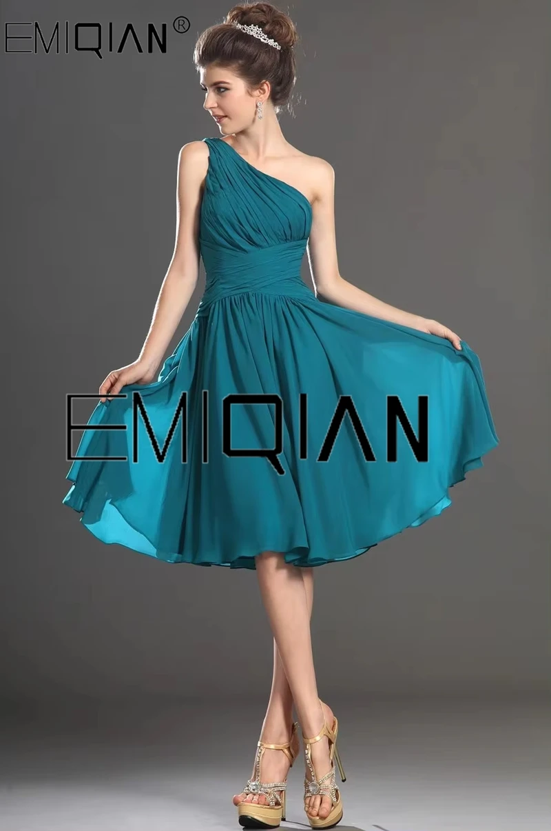 One Shoulder A-Line Pleated Bodice Chiffon Cocktail Dress Short Prom Dress