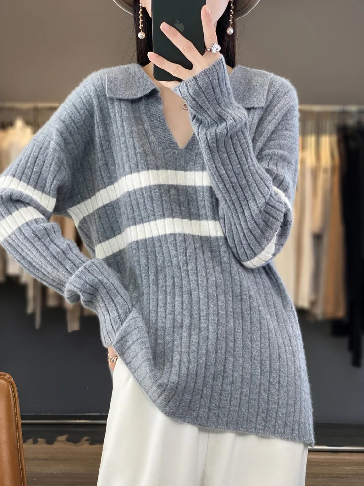 

European and American New Women's Sweater Pure Wool Lapel Knitted Pullover Loose Striped Women's Knitted Sweater Fashion Tops