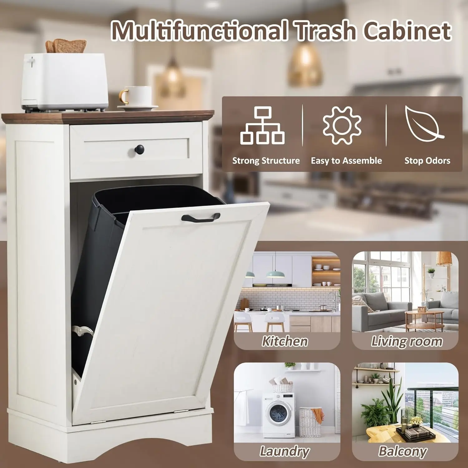 13 Gallons Tilt Out Trash Cabinet Freestanding Kitchen Trash Bin Cabinet Wood Garbage Recycling Cabinet with Hideaway Drawer