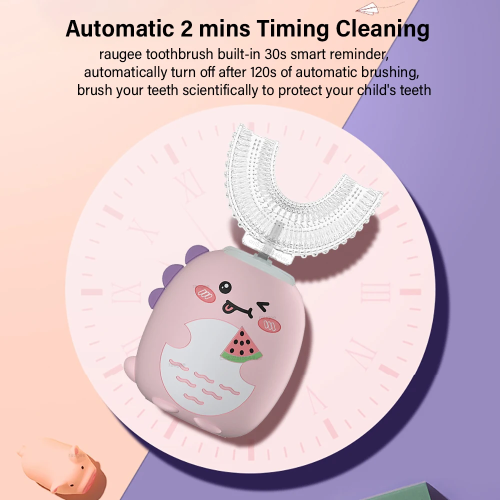 어린이용 전동 칫솔 U자형 360 °   식품 등급 실리콘 재질의 충전식 스마트 타이머 블루라이트 IPX7 방수 칫솔