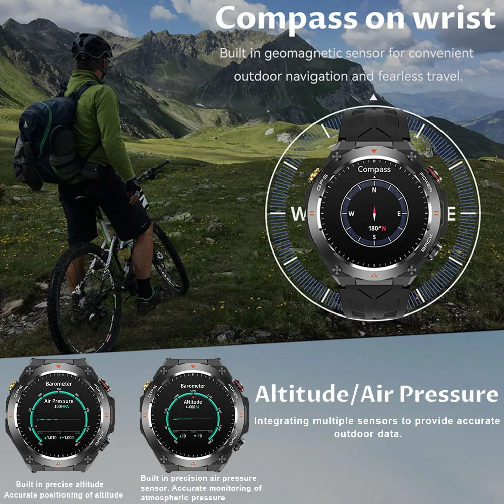 Military Outdoor Smartwatch Men 1ATM Waterproof Compass GPS Altitude Pressure Monitoring Watch 650mAh Bluetooth Call Smart Watch