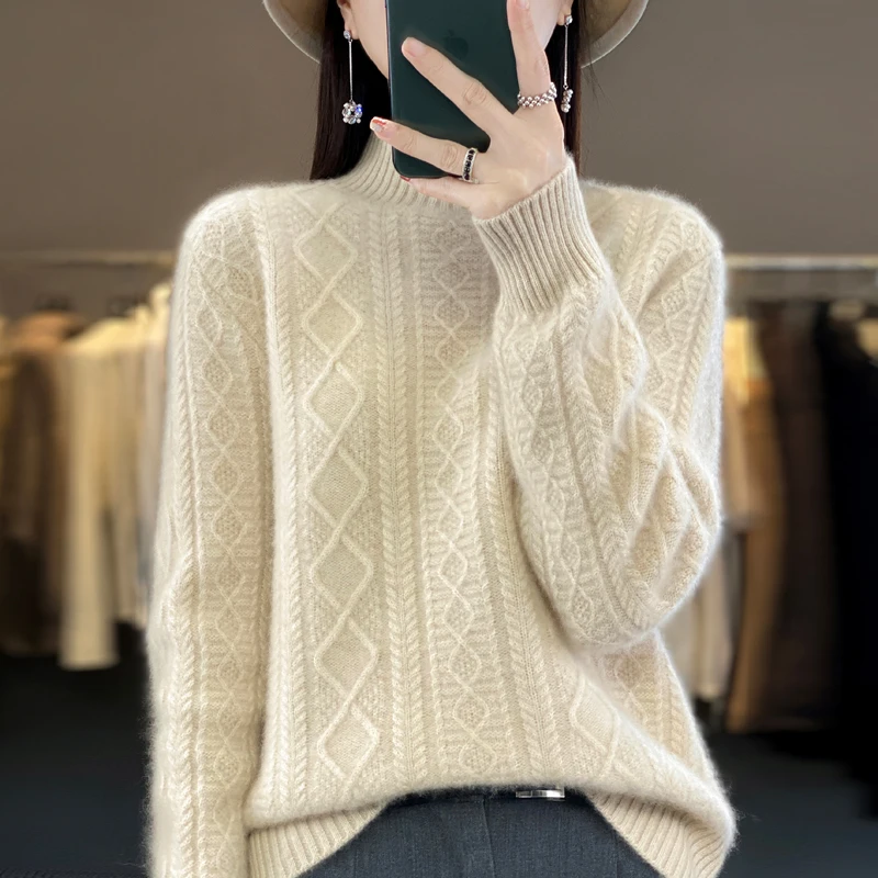 2023 Autumn and Winter New Women\'s Sweater 100% Wool Cashmere Sweater Half High Collar Knitted Pullover Fashion Soft Women\'s Top