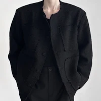 Mens Solid Color High-End Jacket Autumn And Winter New Style Raw Edge Design Collarless Loose Top Korean Style Trendy Jacket 1