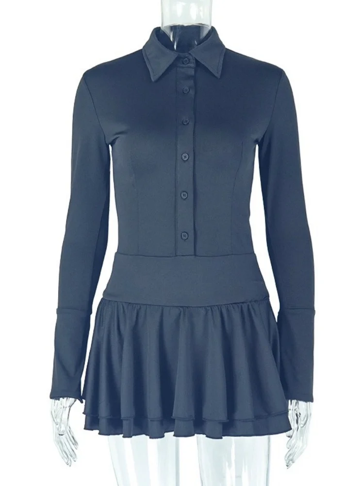 Wmstar Dress Women Wholesale Fashionable Elegant Clothing Solid Pleated Deep V Neck Long Sleeved Slightly Transparent Short