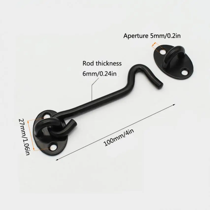 2pcs 4 Inch Thickened Stainless Steel Black Door Latches for Window / Sliding Door / Cabinet Hook and Eye Lock Windproof Hook