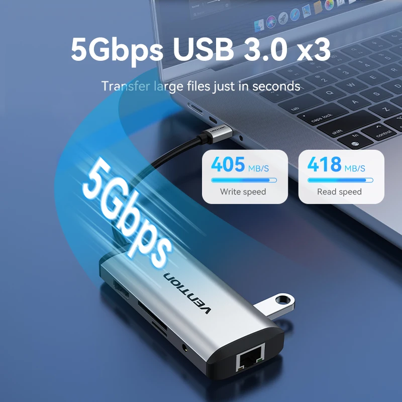 9-in-1 USB 3.0 Hub Compatible Laptop Dock Station Type-C to HDMI 4K30Hz Macbook Pro Air M1 M2 PD 100W Fast Charging Vention