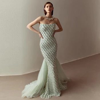 Luxury Crystal Pearls Mermaid Sage Green Evening Dress with Cape Arabic Dubai Elegant Women Wedding Party Gown 431 1