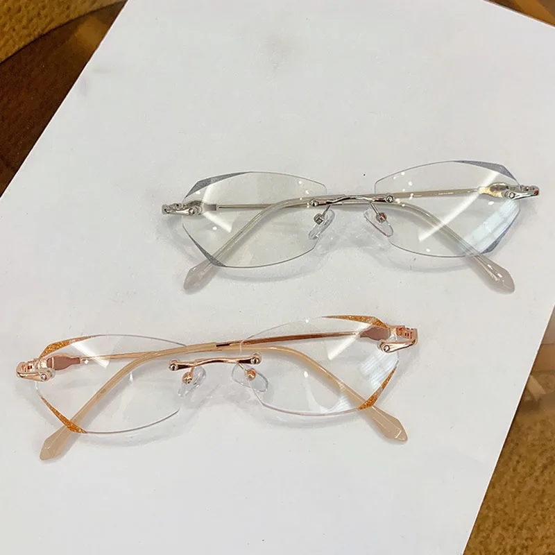 Luxury Diamond Cut Reading Glasses Women Rimless Anti Blue Light Eyeglasses Ladies Plus Prescription Eyewear Diopter 0 To +4.0