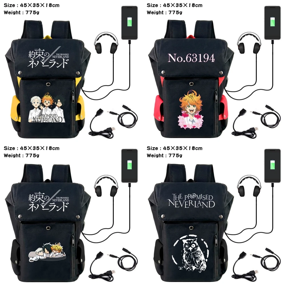 

Anime The Promised Neverland Backpack Teenagers USB Travel Laptop Bag Cartoon Student Schoolbag Black Canvas Bookbag Rucksack