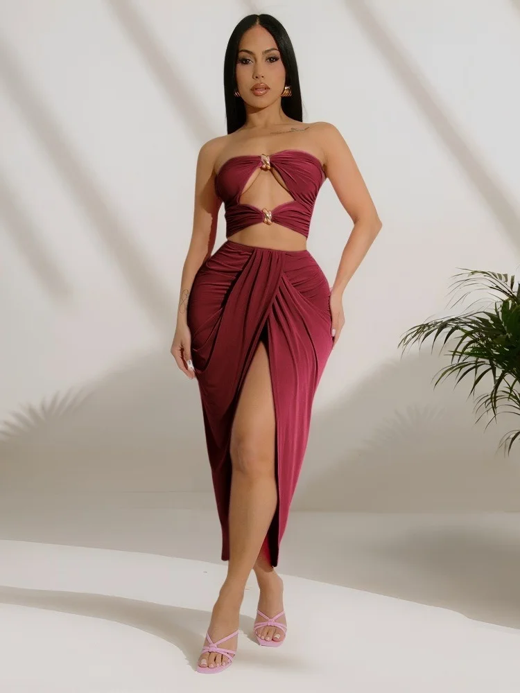 Wmstar Set Women Wholesale Strapless Cut Out Top Slit Elastic Skirt Pleated Skirt Sexy Two Piece Skirt Fancy Club Summer 2025
