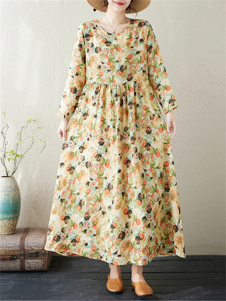 2024 New Spring Summer Cotton Vintage Long Sleeve Print Dresses For Women Casual Loose Dress Femme Robe Vestidos Fashion Clothes