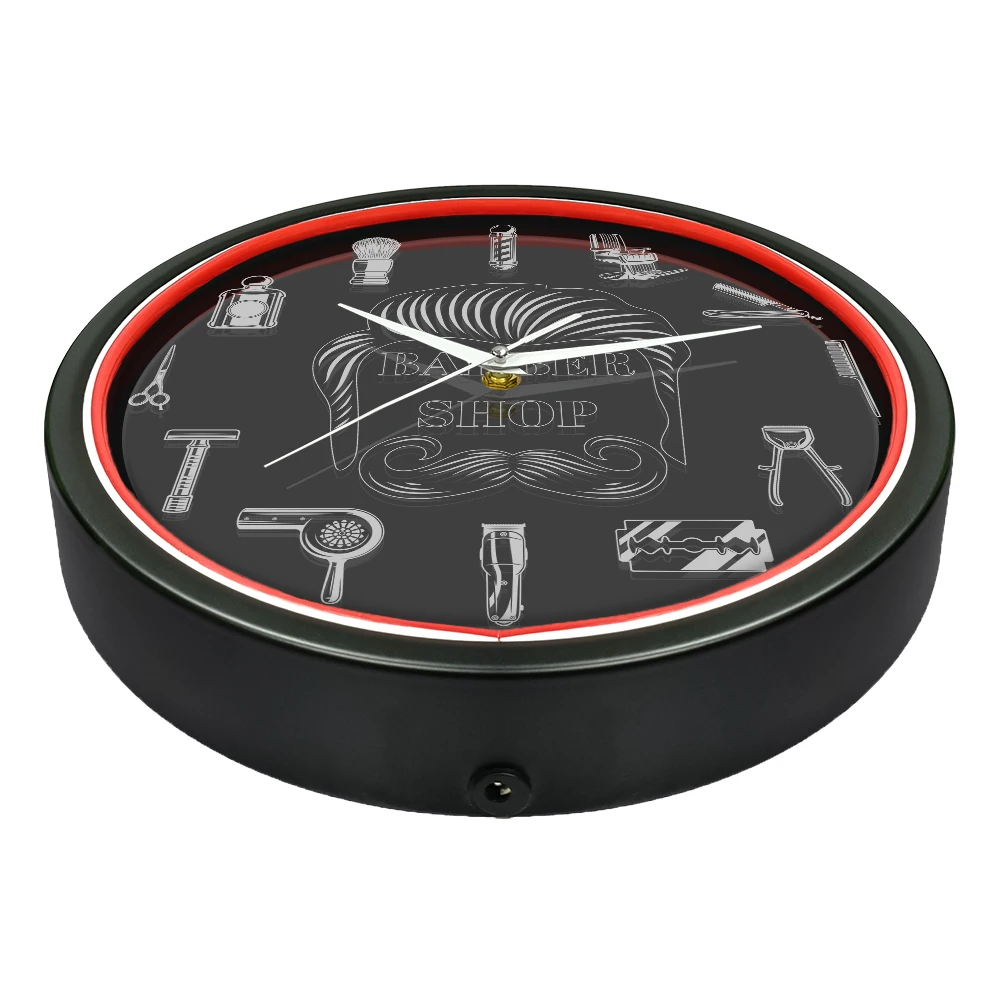 Barber Shop Red Neon Logo Metal Frame Wall Clock for Man Cave Barbering Business Sign Flexible Flex illuminated Neon Wall Clock