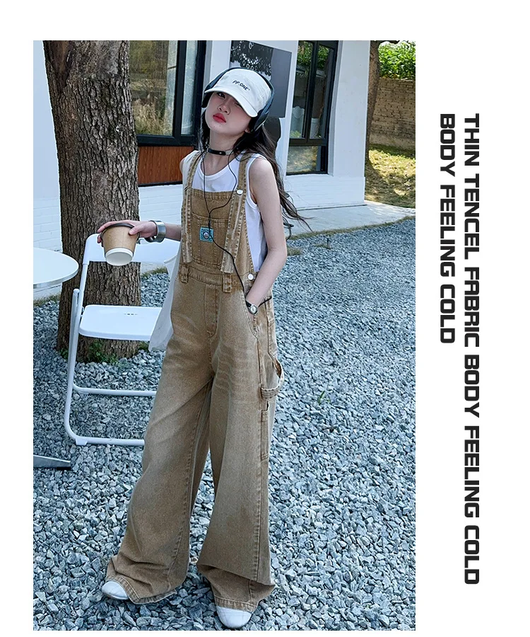 summer teen girls water washed punk wide leg jumpsuit junior kids loose slimming casual Cowboy overalls 4-14 child ropa trousers