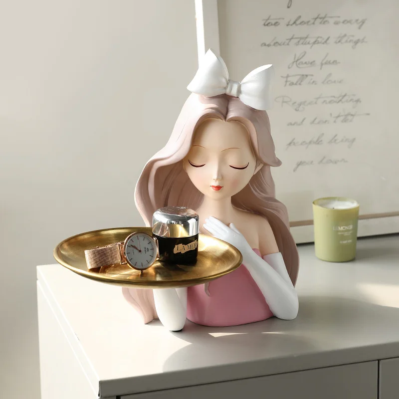 

Long Curly Hair Beauty Girl Statue Storage Tray Ornaments Nordic Luxury Living Room TV Cabinet Home Decor Christmas Wedding Gift