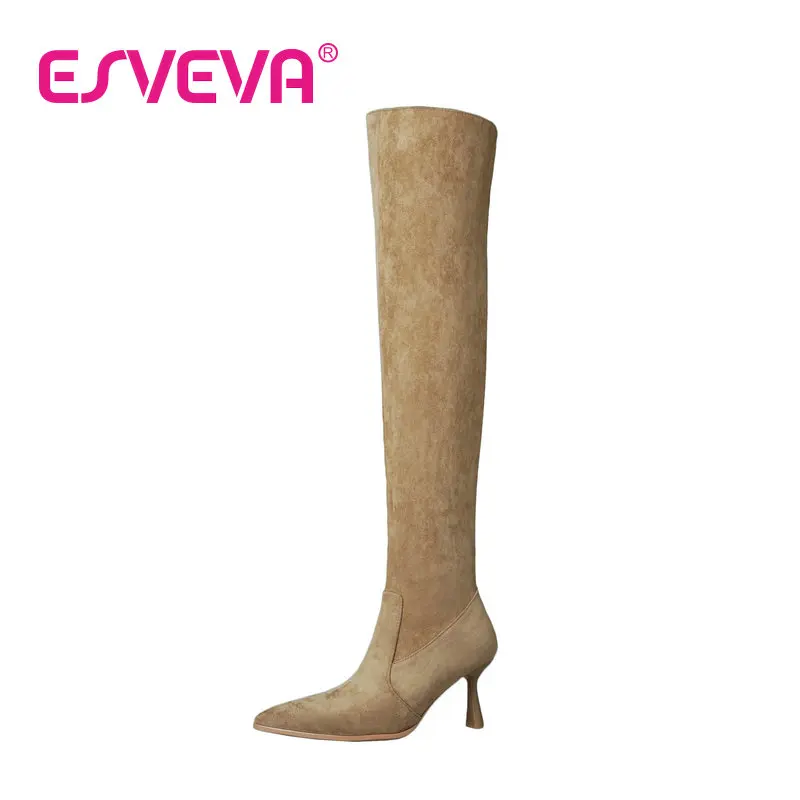 

ESVEVA 2023 Pointed Toe Women Knee High Boots Slip On Cow Suede All Match Boots Nobility Style Shoes Size 34-43