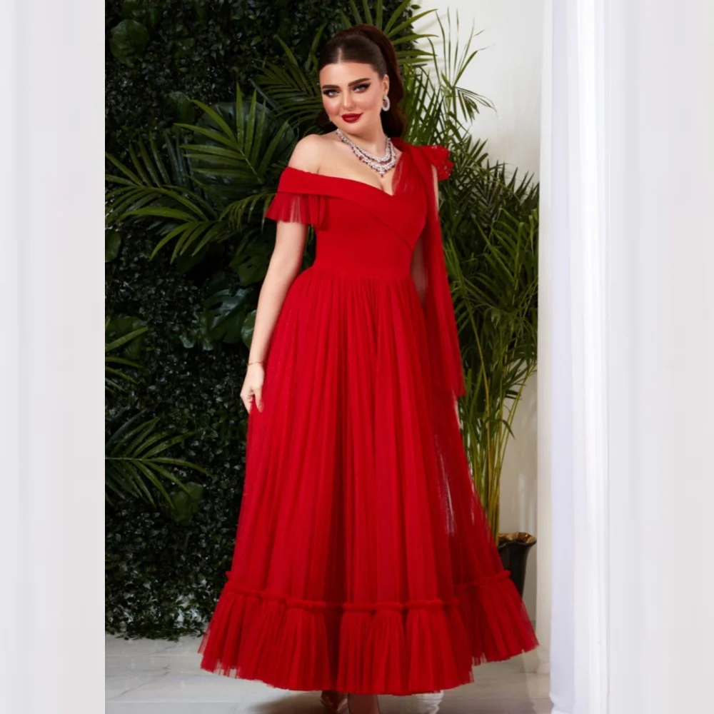 

Tulle Draped Pleat Ruched Engagement A-line Off-the-shoulder Bespoke Occasion Gown Midi Dresses