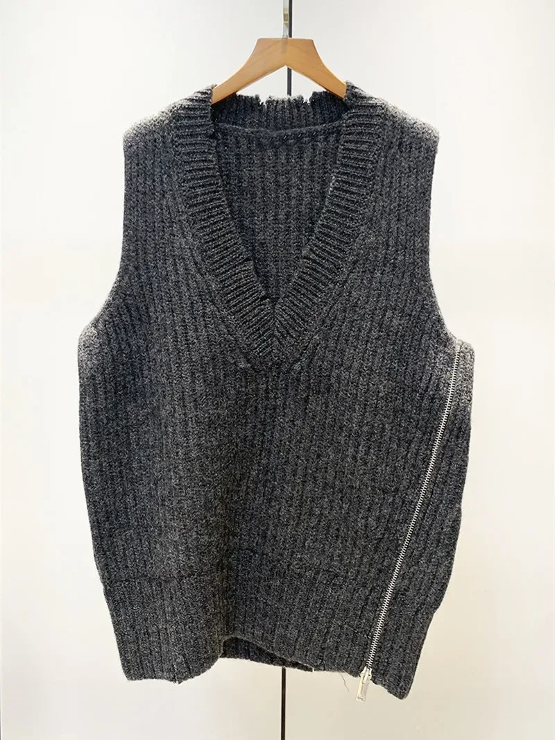 

Women's Knitted Tank 2023 New Zipper V-neck High Strecth Casual Solid Color Warm Sleeveless Sweater Vest