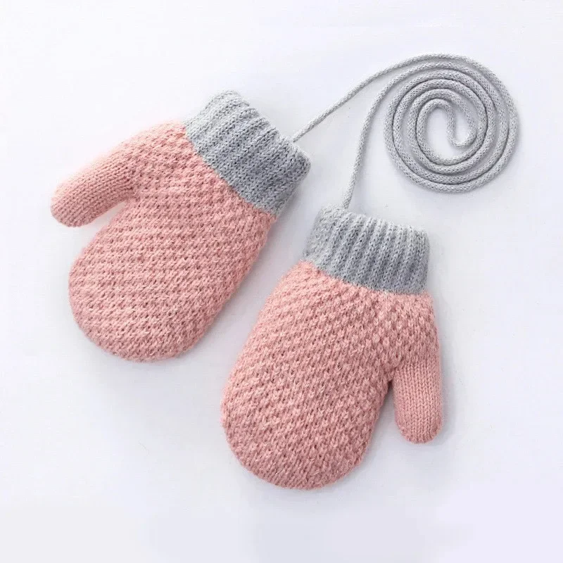 Winter Baby Boys Girls Knitted Gloves Warm Full Finger Mittens Gloves with Rope For Children Toddler Kids 0-4Years winter gloves baby mittens