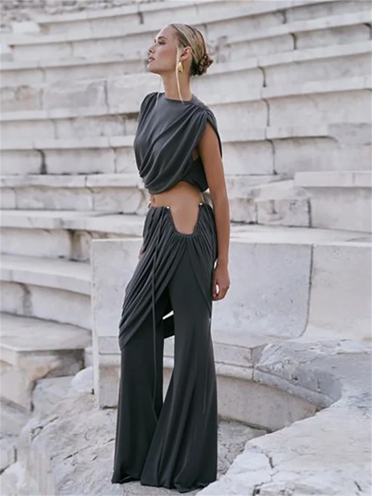 Wmstar Two Piece Set Women Sexy CropTop Flared Pants Sets Summer Clothes Outfits Draped Matching Sets Wholesale Dropshipping