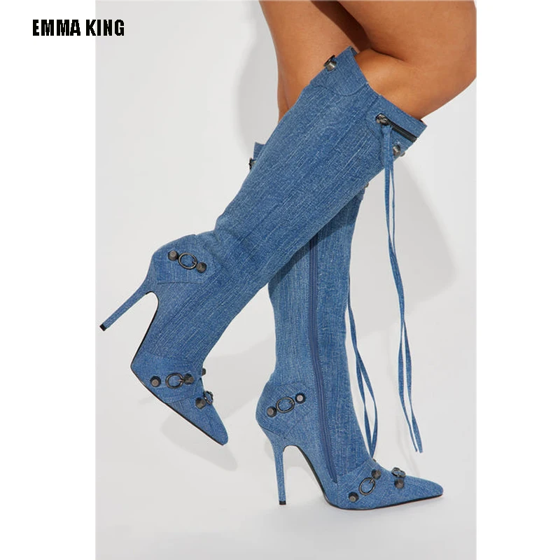 2023 Women's High Heel Cowboy Boots Sexy Knee High Denim Boots High