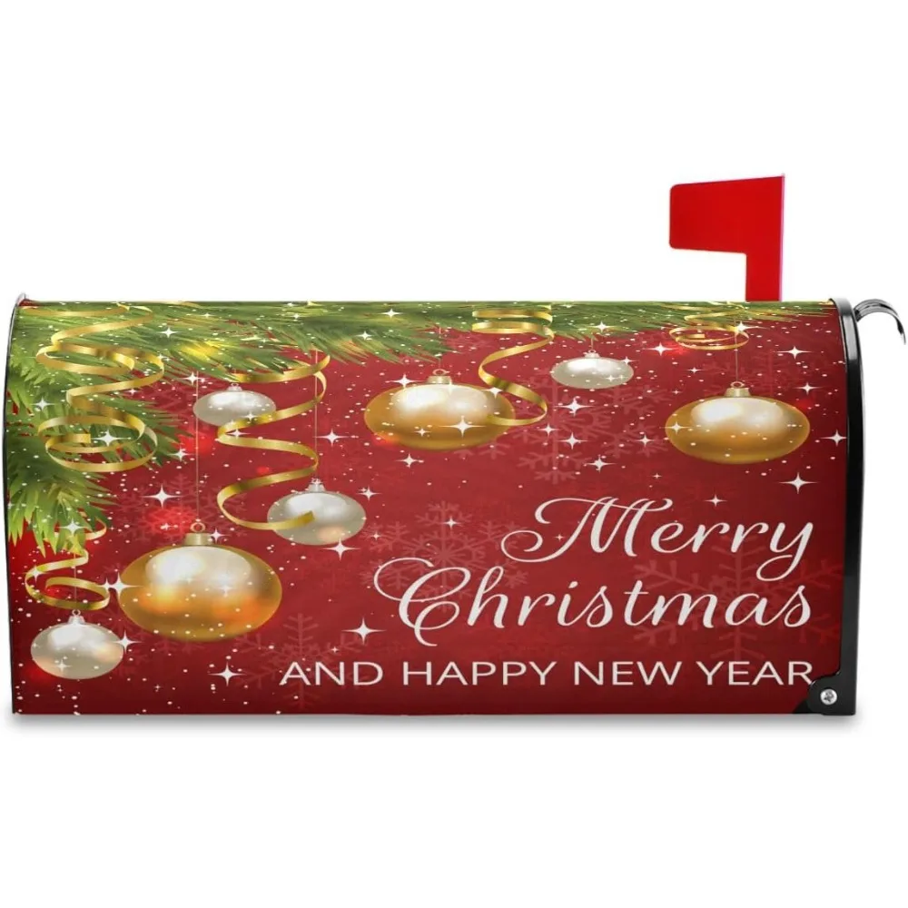 Merry Christmas Bells Mailbox Cover Standard Size Winter Poinsettia Happy New Year Magnetic Mailbox Covers Garden Yard Post Wrap