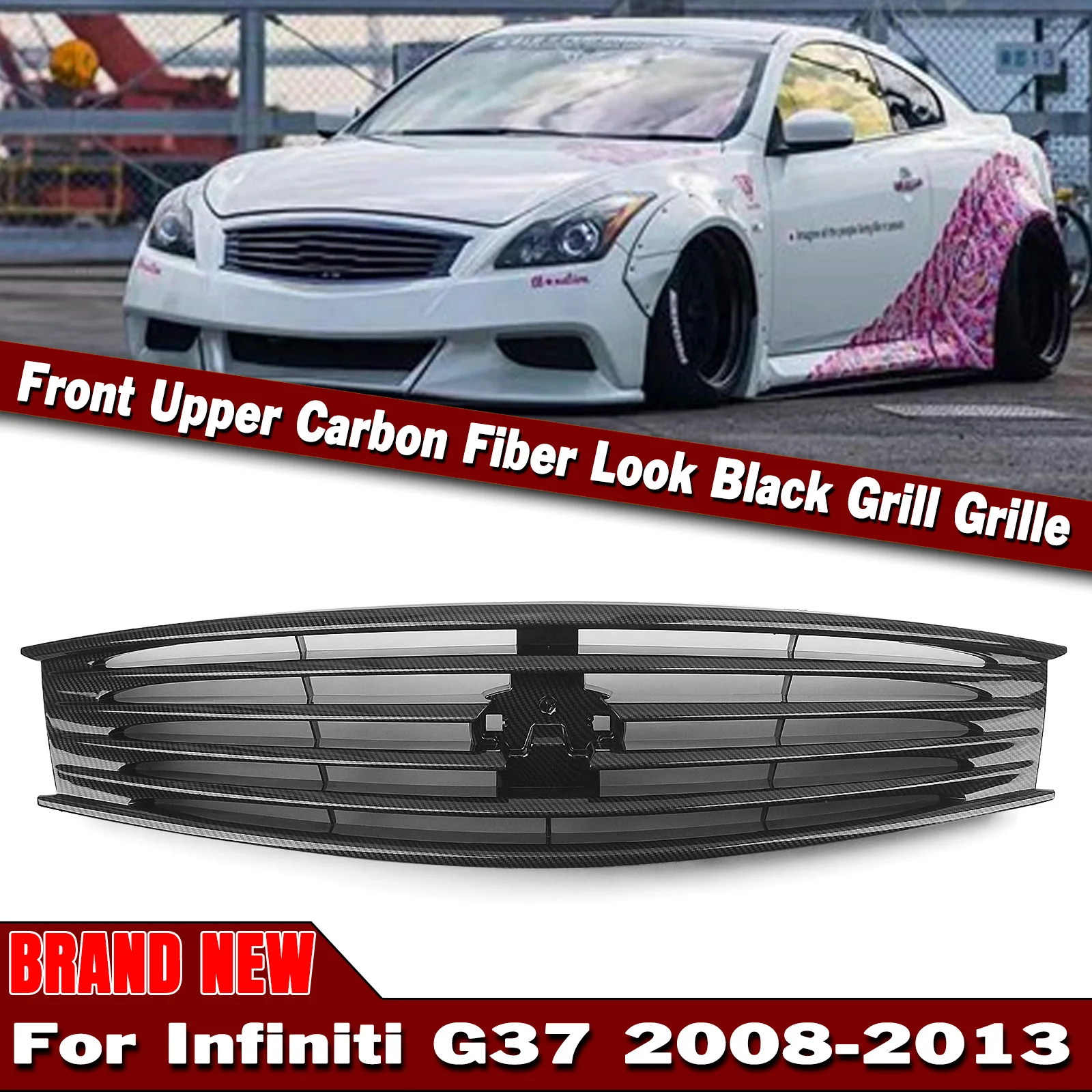 

For Infiniti G37 2008-2013 Q60 2014-2015 2 Door Coupe ABS Carbon Fiber Look Front Grille Grill Car Upper Bumper Hood Mesh Grid