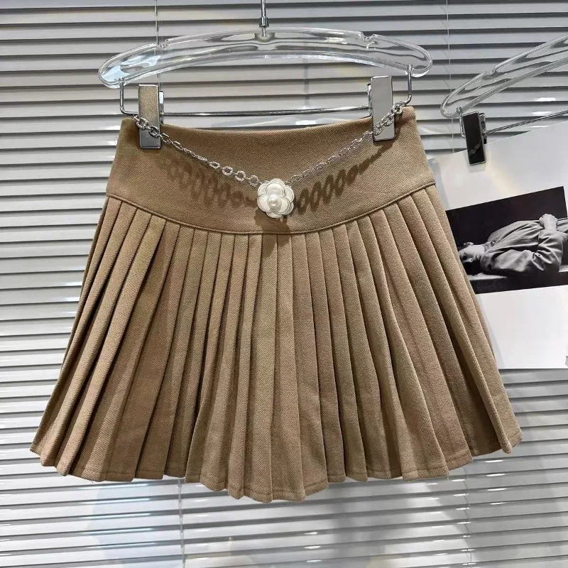 New Arrival Short Skirts Women Chain High Waist A-line Solid Color Pleated Skirts Korean Fashion High Street Y2k Skirt Female