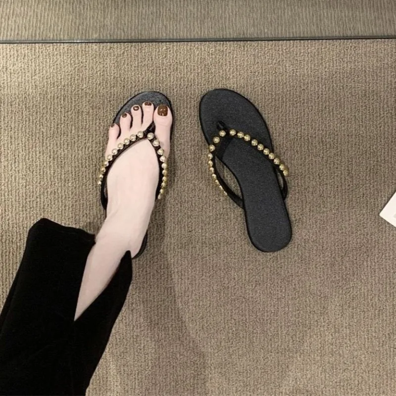 New Fashion Pearls Beach Flip Flops for Women Summer Clip Toe Flat Slides Sandals Woman Comfortable Non Slip Outdoor Slippers