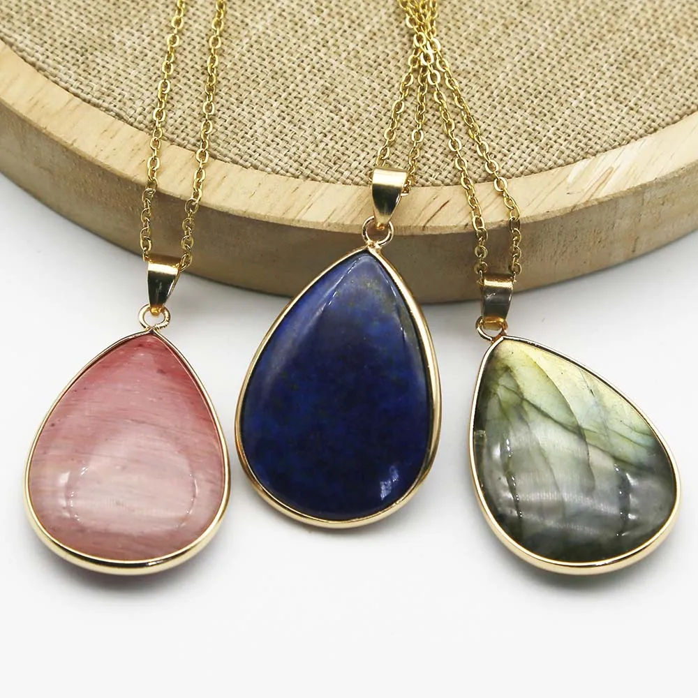 New Natural Stone Crystal Agate Water Drop Necklace Pendant Gold Edged Sweater Chain Fashion Charm Jewelry Gift Accessories 4Pcs