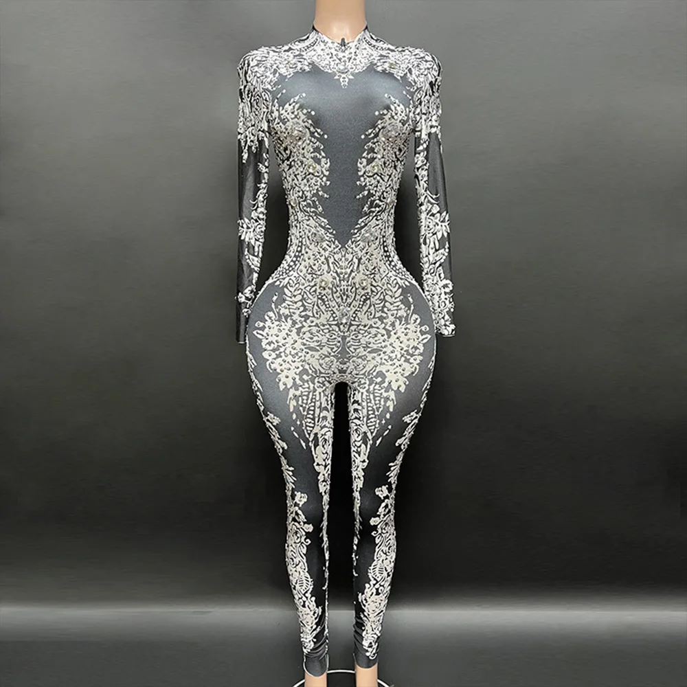 Women Sexy Rhinestone Printing Elastic High Neck Bodysuit Cross