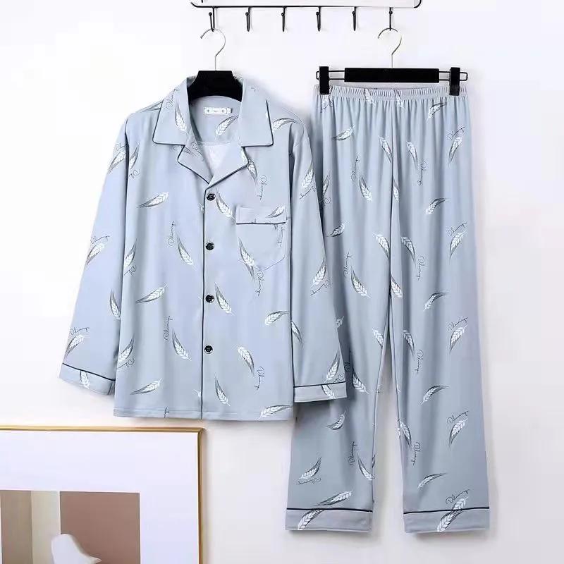 2022 Fashion Men Pajama Sets Silk Satin Pijama Turn-down Collar Sleepwear Long Sleeve Spring Nightwear Male 2PC Sets Homewear mens loungewear sets Pajama Sets