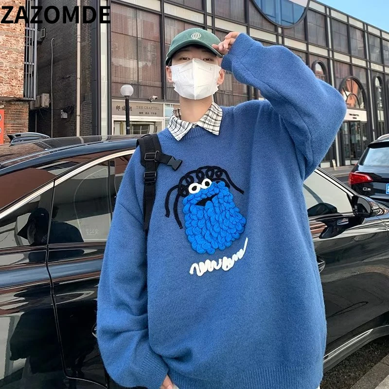 

ZAZOMDE Men Winter Knitted Sweater Male Pullover Harajuku Oversize Long Sleeve 3D Anime Sweater Embroidered Tops Clothing Men