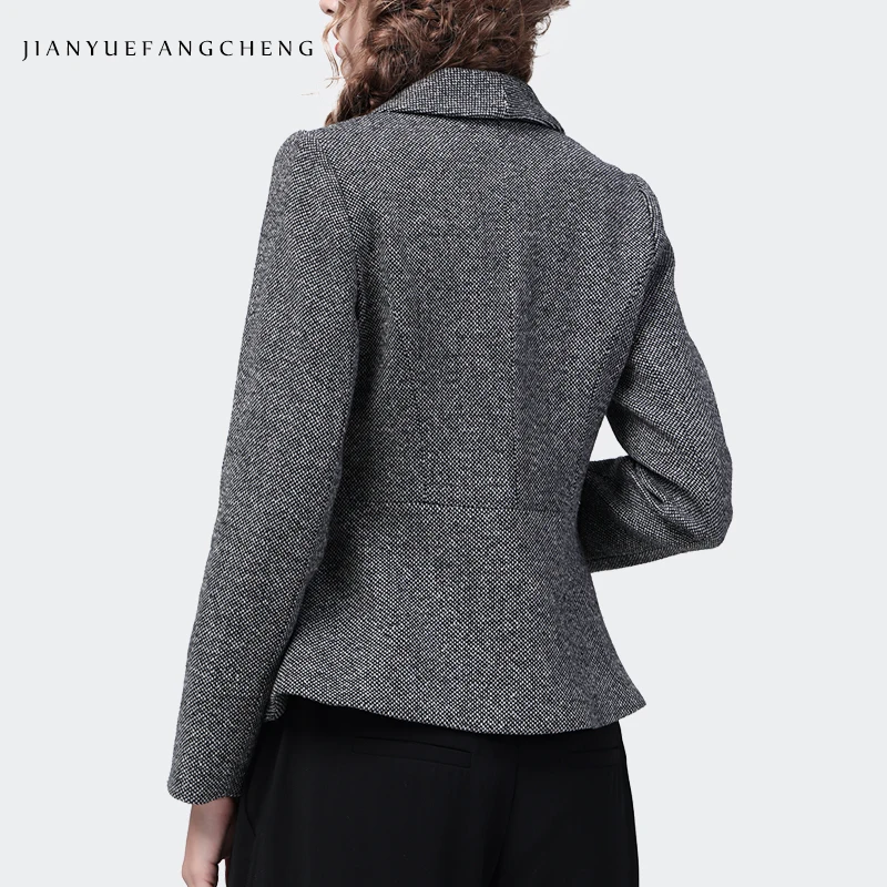 Elegant Suit Collar Women' Grey Woolen Blazer Slimming Short Female Autumn Winter Jackets Fashion Office Ladies Working Coat 4