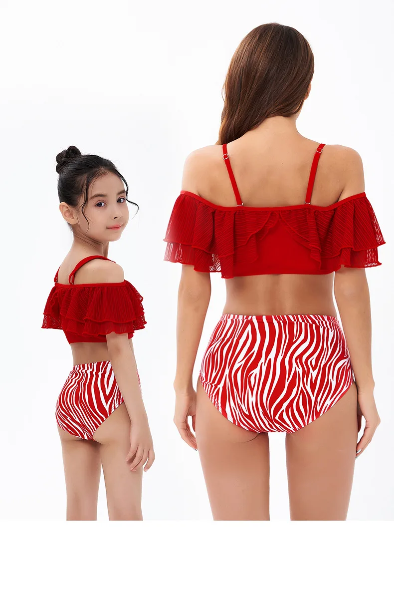 Sexy Ruffle   Cross Bandage  Bikini Set Women Swimsuit  Matching Parentage Swimwear Summer Suit Parents Children Swimming  Wear bathing suit sets