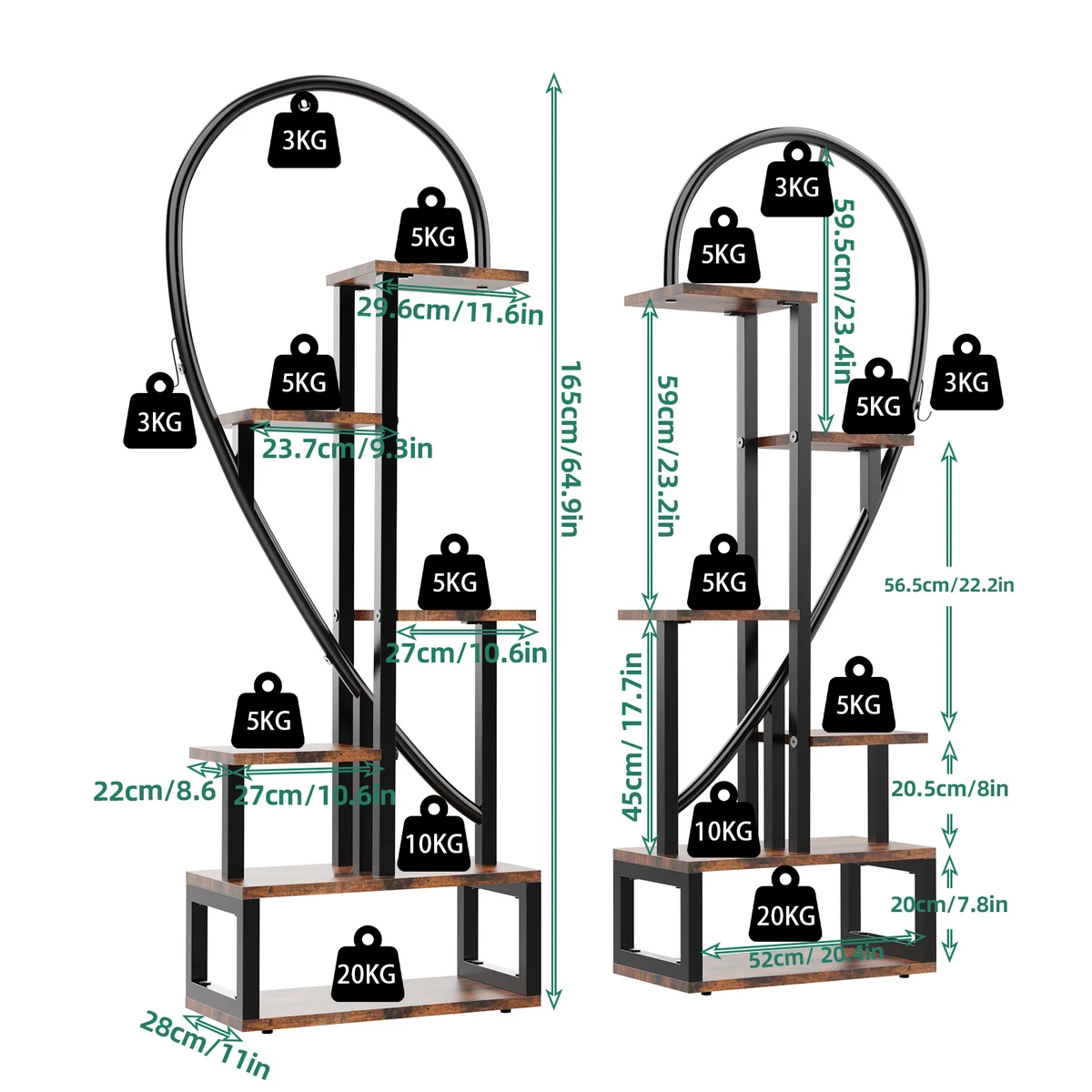 6 Tier Heart Shaped Plant Stand, Wood & Metal Flower Rack for Plants Display, Storage Shelf for Garden, Balcony, Living Room — view 3