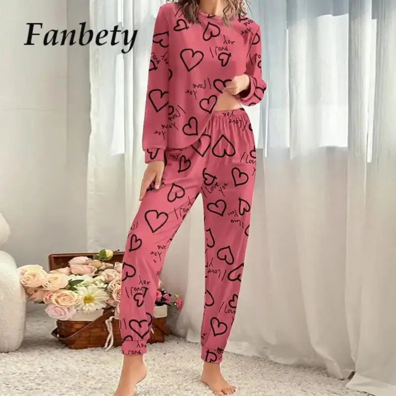 

Women's Love Printed Long Sleeve Tee Soft Pajamas Set Pyjamas Women Casual Spring Autumn Pajamas Loungewear Two-piece Sleepwear
