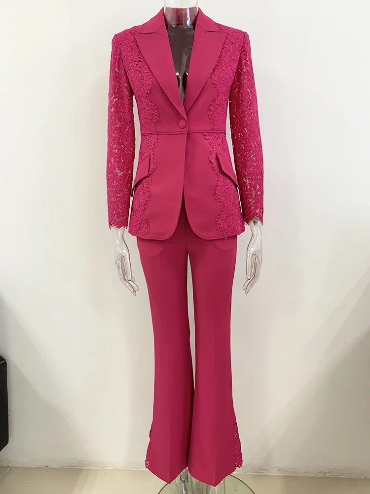 HIGH STREET Newest 2024 Runway Designer Slim Suit Set Elegant Women's Lace Patchwork Single Button Blazer Flare Pants Set 2piece