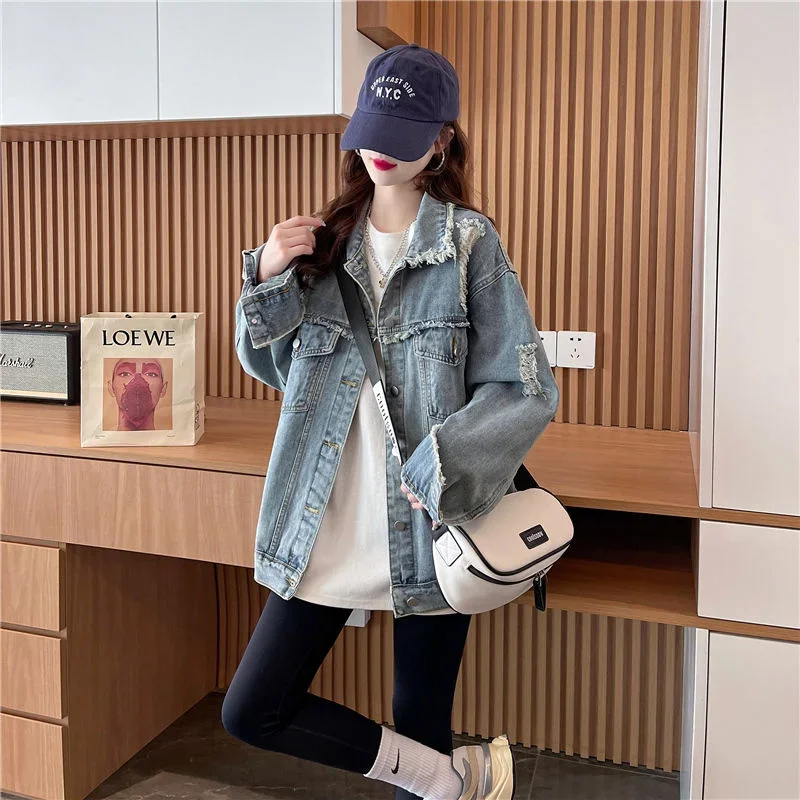 

COKAL new Spring Fall Jacket Women's Jeans Jacket Blue Jacket Vintage baggy street wear with single-breasted lapels