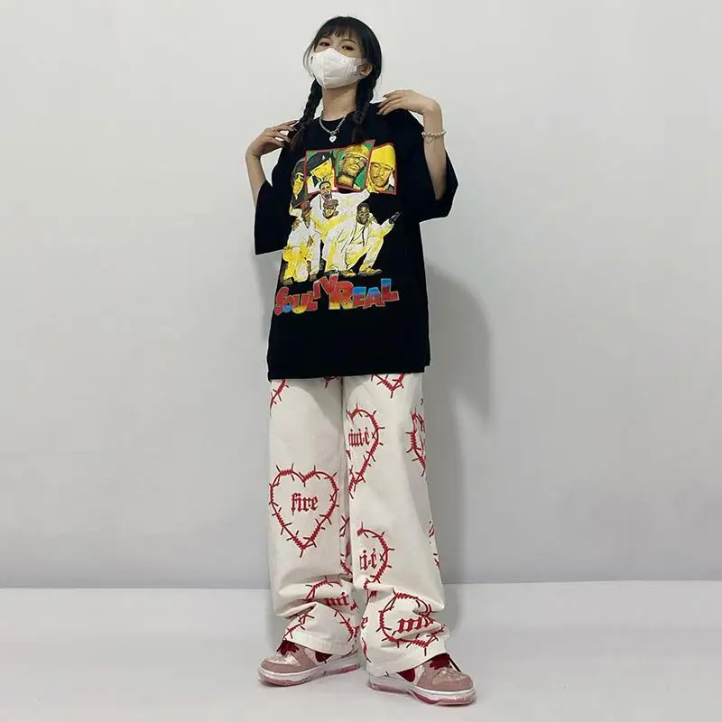 Hip hop high street handsome dark printing loose BF boyfriend casual straight pants female trousers Gothic harajuku pants black ripped jeans Pants & Capris