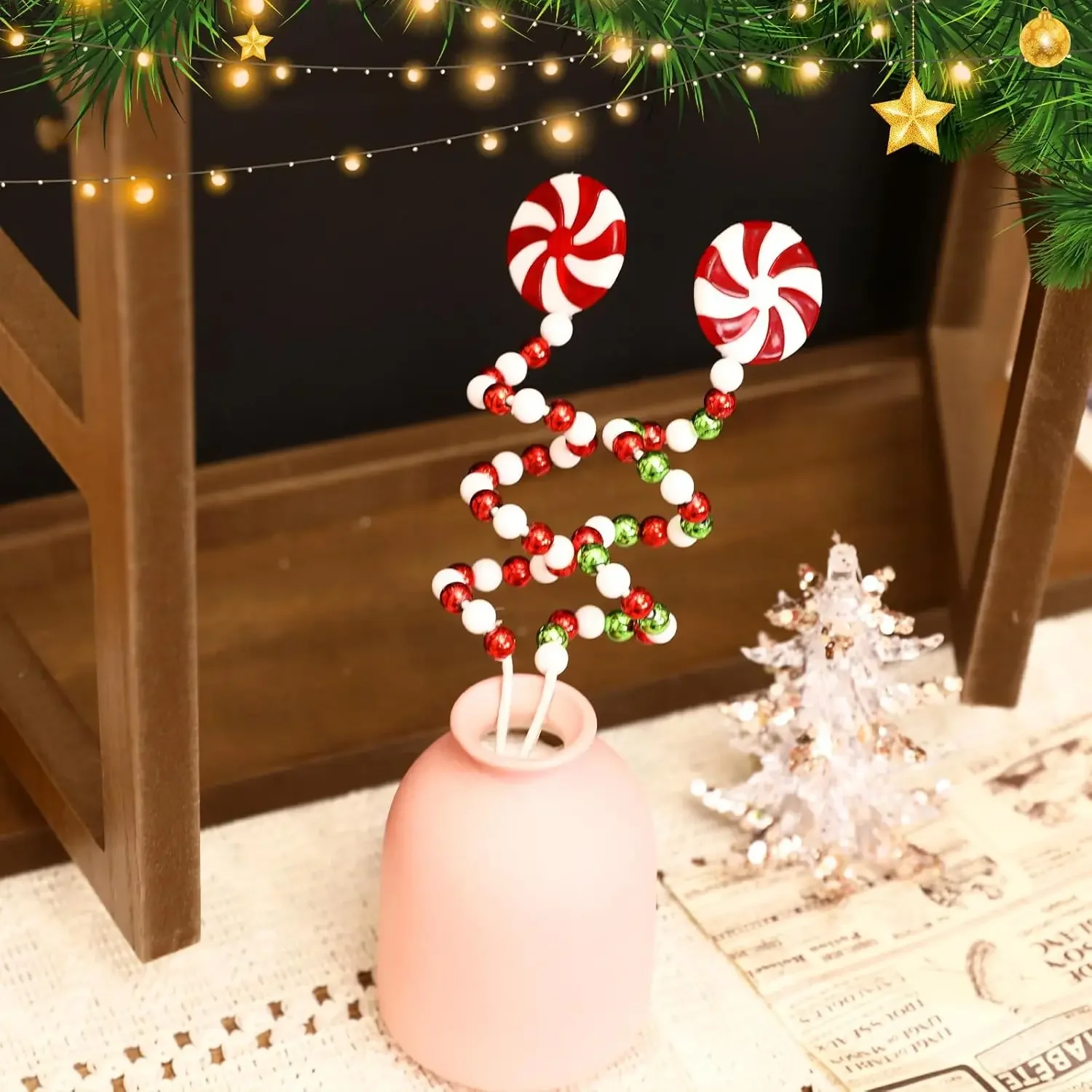 Christmas Tree Decoration Red/White Candy Bells Beads Curly Pick Branch Xmas Ornaments Garland Vase Decor Home Office Party Gift Christmas Decorations