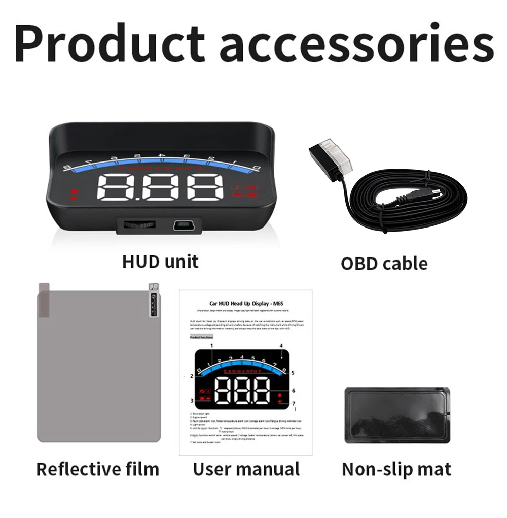 M6S 자동차 전자 OBD2 앞유리 게이지 HUD 디스플레이 자동차 속도계 헤드업 디스플레이 온보드 컴퓨터 게이지