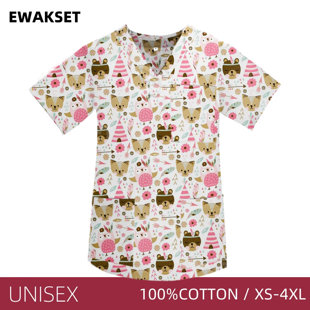 Unisex Scrub Tops Printed Short Sleeve V-Neck Cotton Uniform Nurse Doctor Medical Top Vet Clinic Blouse Dentist Working Unifroms medical scrubs